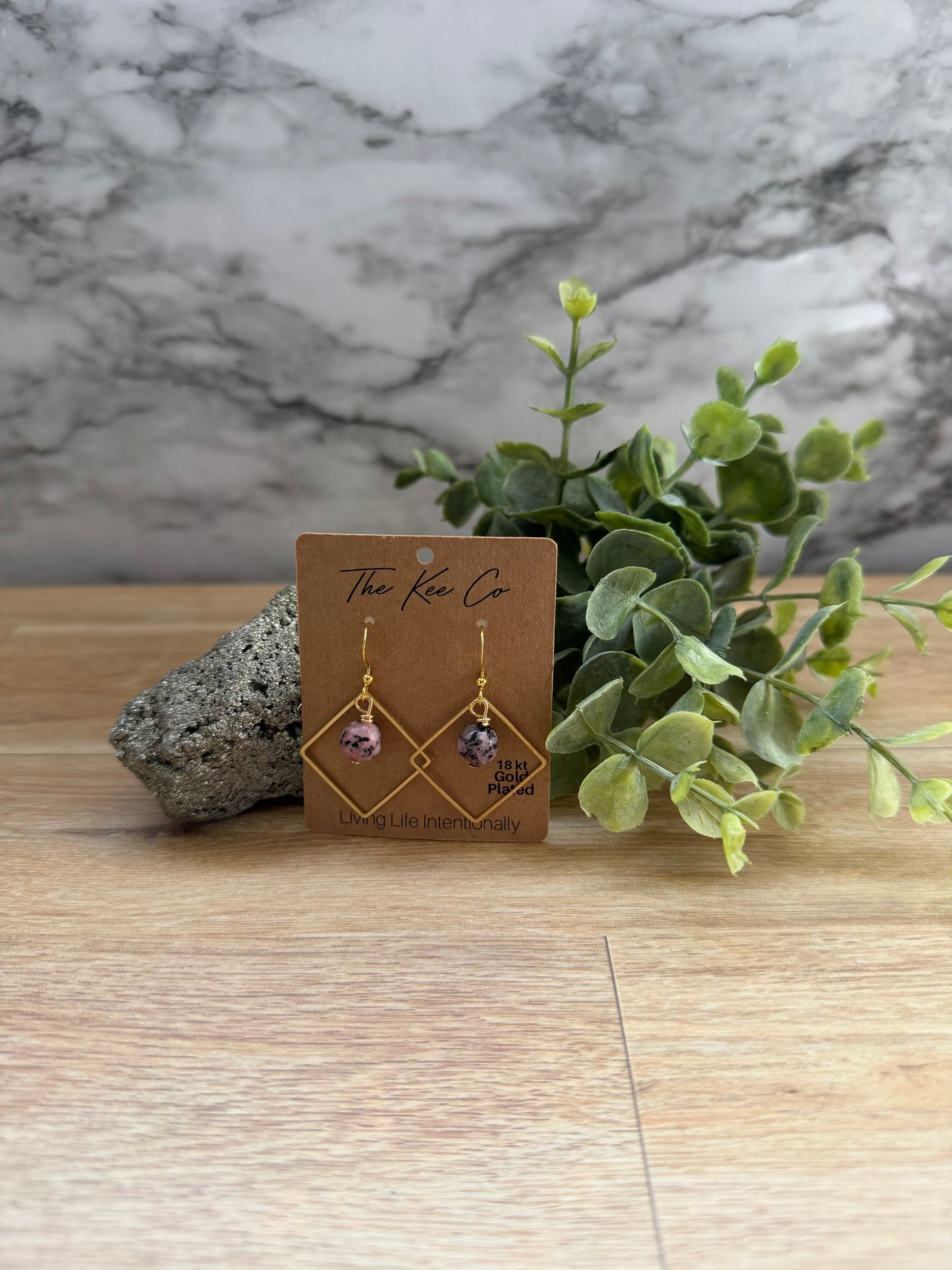 Rhodonite Lily Gemstone Gold Shape Earrings