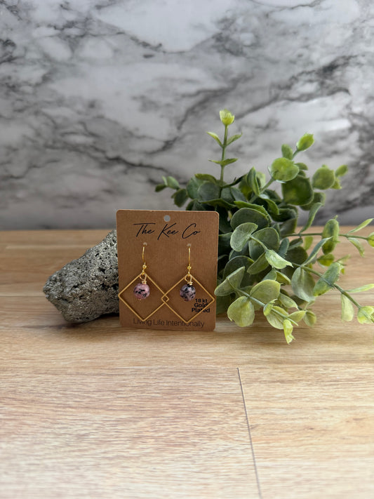 Rhodonite Lily Gemstone Gold Shape Earrings