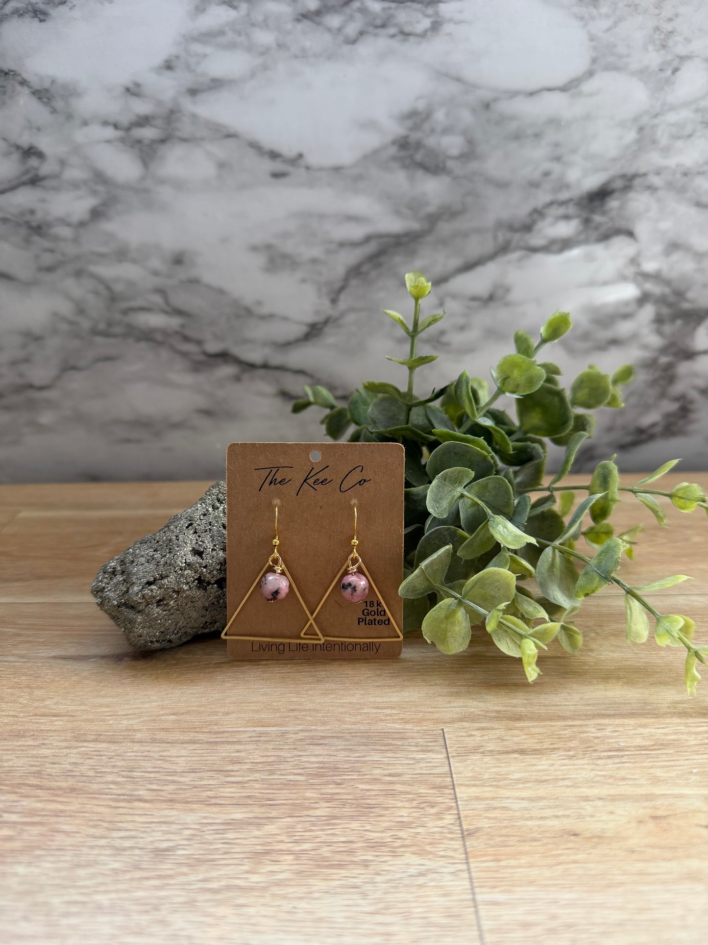 Rhodonite Lily Gemstone Gold Shape Earrings