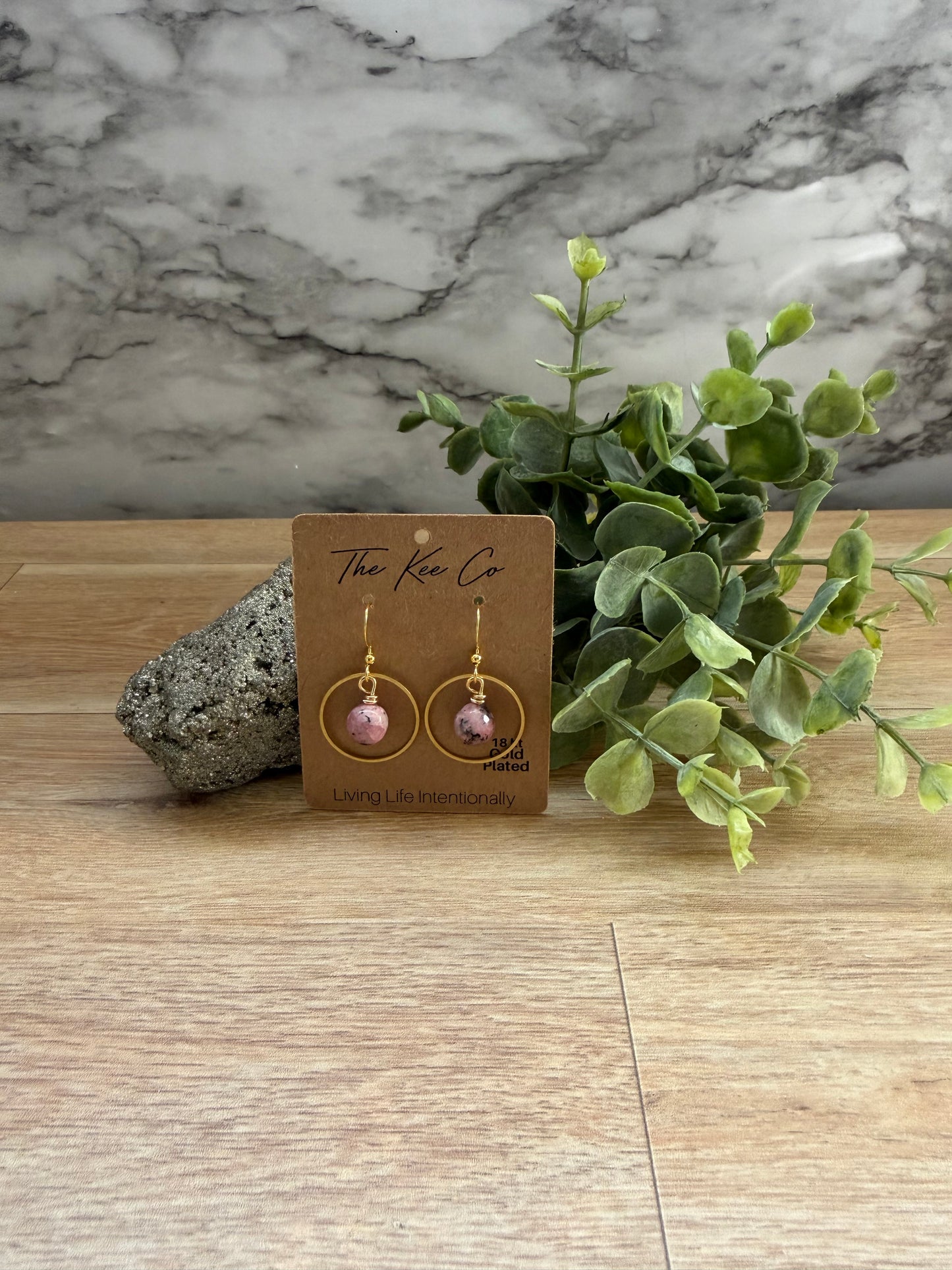 Rhodonite Lily Gemstone Gold Shape Earrings